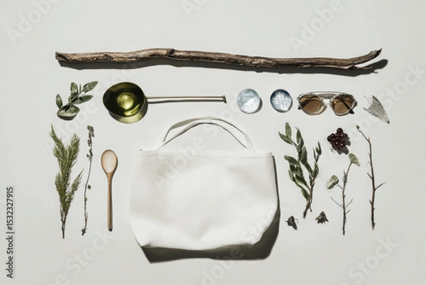Fototapeta Minimalist flat lay featuring white bag, sunglasses, wooden stick, and various natural elements like leaves and herbs, creating serene and stylish arrangement