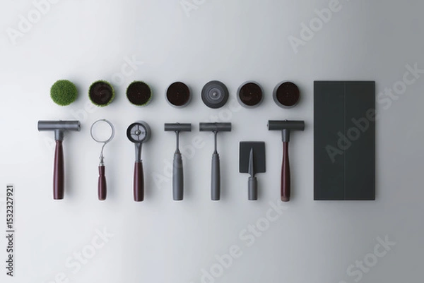 Fototapeta Minimalist flat lay of gardening tools including rollers, trowels, and pots arranged neatly on light background, showcasing clean and organized workspace for gardening enthusiasts