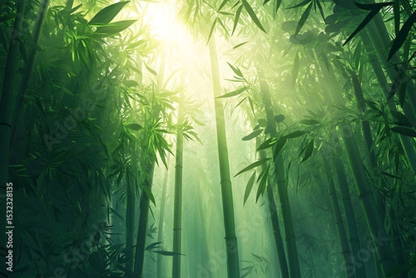 Obraz Serene Bamboo Forest with Sunlight Filtering Through Lush Green Canopy, Evoking Tranquility