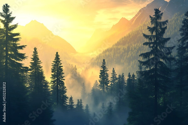 Obraz Serene sunrise over misty mountains with towering trees and a tranquil valley in the background