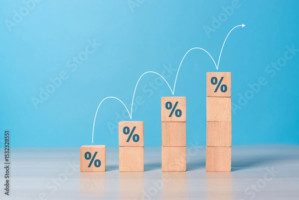 Obraz Percentage growth. Increase in financial interest rate, sales increase, mortgage or taxes. percent growth. Wooden stairs with increasing percentage icons