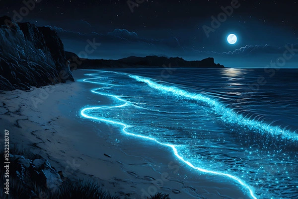 Obraz Serene night beach scene with glowing waves under a full moon, peaceful atmosphere