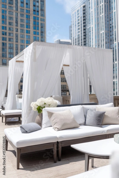 Fototapeta A luxurious rooftop dining area featuring oversized white sofas and elegant drapes, surrounded by modern cityscape buildings and adorned with fresh white flowers
