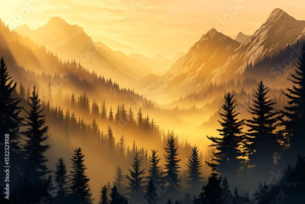 Obraz Majestic mountain landscape at sunset with golden light illuminating the forest below