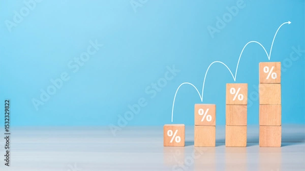 Obraz Wooden blocks arranged as steps with rising percent symbols. Represents interest rate growth, sales increase, mortgage, or tax rise.