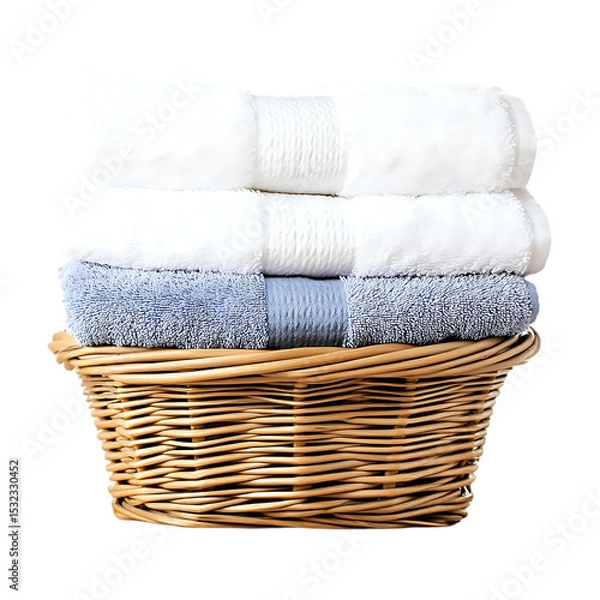 Obraz Neat Stack of Fresh Towels in Woven Basket Laundry Day Perfection