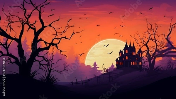 Fototapeta Halloween haunted house background spooky scene with bats and moon vector illustration design art 1031