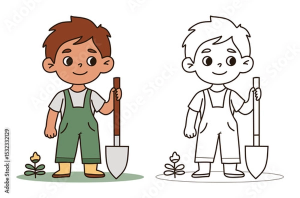 Fototapeta Cute boy Gardening in overalls with Shovel. Male Kid farmer character set. Isolated Color and Outline linear hand drawing. Vector illustration