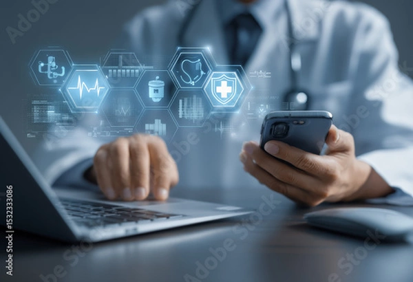 Fototapeta Un médico profesional interactúa con tecnología moderna, utilizando un teléfono inteligente y una computadora portátil con íconos holograficos médicos. concepto gestión avanzada de la atención médica