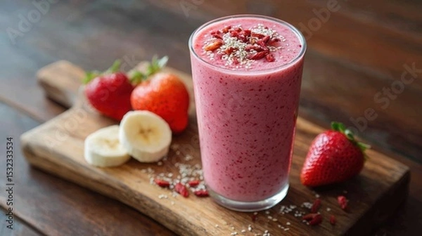 Fototapeta Delicious Strawberry and Banana Smoothie with Goji Berries and Chia Seeds