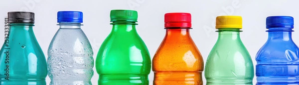 Fototapeta Plastic bottles in vibrant colors arranged in row with colorful caps, showing freshness and variety in packaging