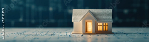 Fototapeta Miniature house model with glowing window on architectural blueprint, symbolizing real estate planning and cozy home design