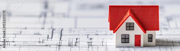 Fototapeta Miniature house model with red roof on architectural blueprint showing detailed home plan design