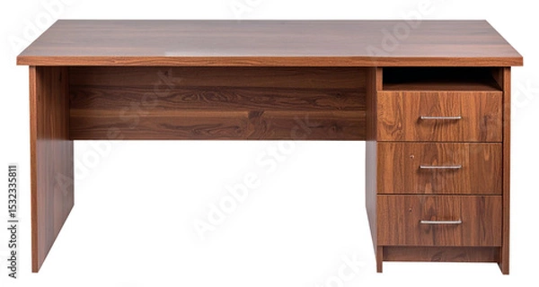 Fototapeta front view of wooden work table with drawers on bottom side isolated on white