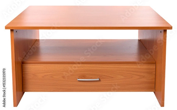Fototapeta light brown wooden work table with single wide drawer at bottom isolated on white