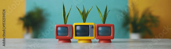 Fototapeta Retro televisions with colorful screens arranged with green plants inside, creating playful and vibrant scene