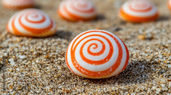 Fototapeta Candy shaped seashell with orange spiral pattern on sandcovered beach with blurred shells in background