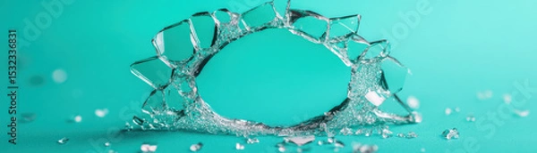 Fototapeta Shattered glass with detailed cracks and transparent fragments on turquoise background, creating delicate broken pattern