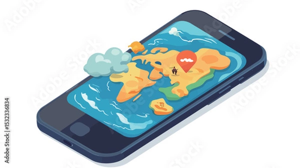 Fototapeta Isometric illustration depicting a smartphone displaying a stylized, three-dimensional world map. The map features landmasses rendered in varying shades of brown and green, oceans in shades of