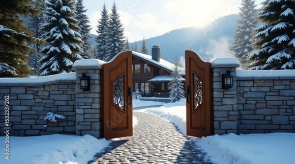 Fototapeta Alpine Swiss Chalet Luxury Gate – Handcrafted Wooden Mountain Entrance