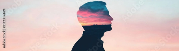 Fototapeta Silhouette of person with double exposure effect showing colorful sunset sky, creating peaceful and creative mood