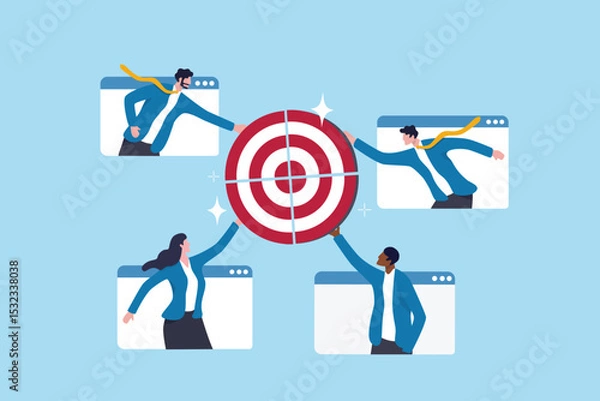 Obraz Meeting objective, agenda or company goal, target achievement planning strategy, teamwork colleagues working together on same target, business people coworker connecting target objective jigsaw.