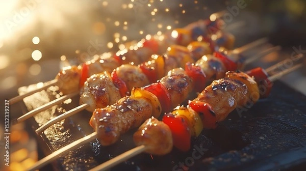 Fototapeta Sizzling BBQ Kebabs: Close-up of Grilled Meat and Vegetables