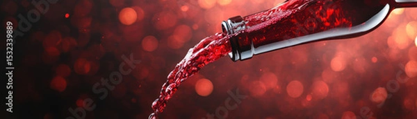 Fototapeta Sparkling red wine splashes captured in midair pouring from bottle with vibrant bokeh background creating lively mood