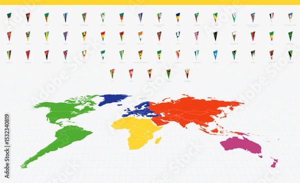 Fototapeta Pennant Flags of African Countries on a Colorful World Map. A vibrant collection of triangular pennant flags