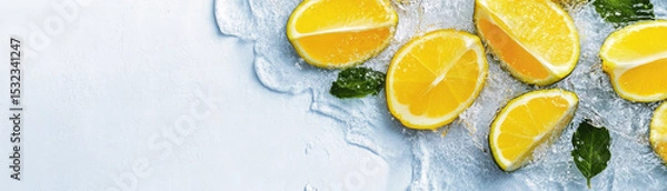 Fototapeta Fresh lemon slices with mint leaves on ice creating refreshing and vibrant summer feeling