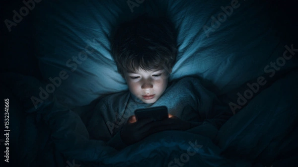 Fototapeta Child Using Phone in Bed at Night: Screen Time and Sleep