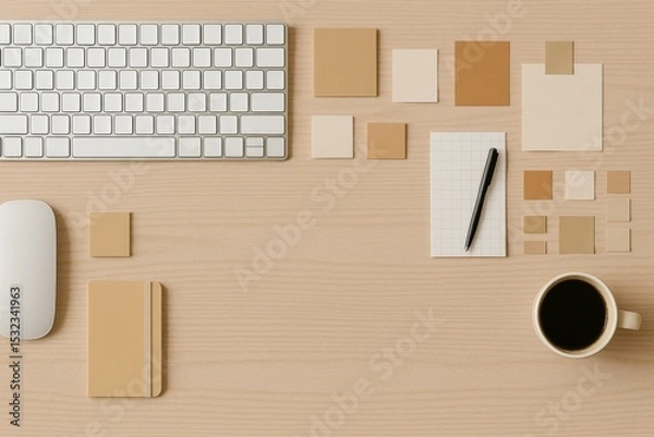Fototapeta Flat lay workspace with keyboard, coffee and color swatches
