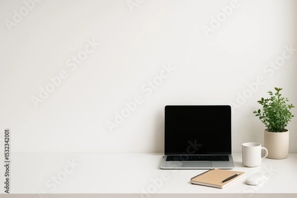 Fototapeta Minimal home office setup with laptop and plant
