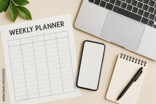 Fototapeta Modern workspace with weekly planner and laptop
