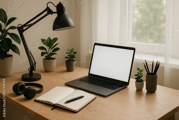 Fototapeta Cozy home workspace with laptop, notebook and desk lamp
