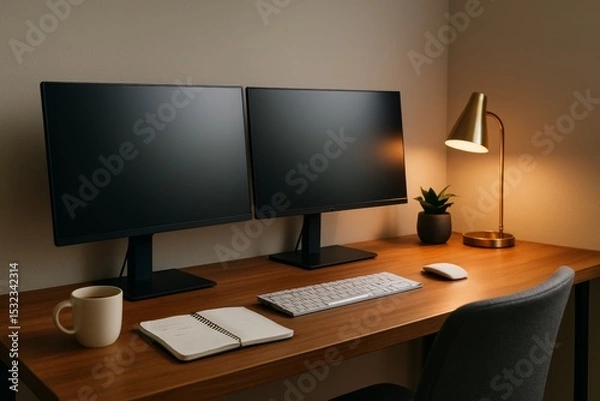 Fototapeta Modern workspace with dual monitors and desk lamp
