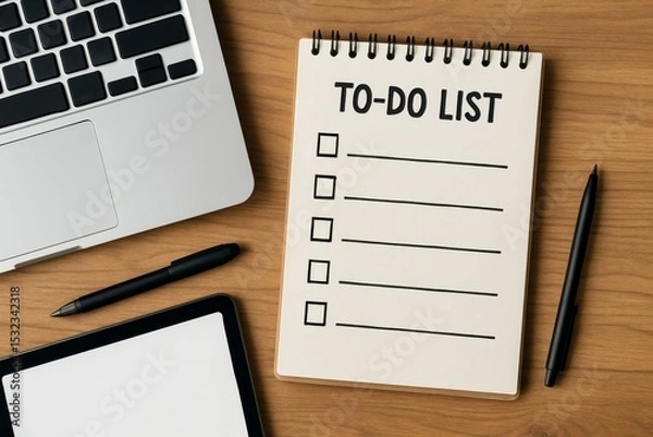 Fototapeta To-do list with laptop and digital tablet on desk
