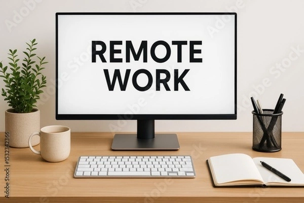 Fototapeta Remote work desk setup with monitor and notebook
