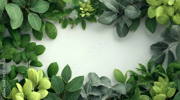 Fototapeta Vibrant Green Foliage Frame: Botanical Background for Eco-Friendly Designs, Nature-Inspired Branding, and Lush Greenery Templates