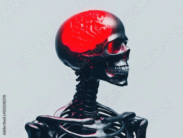 Fototapeta Human skeleton with highlighted red brain in skull, medical concept showing anatomy and nervous system in dramatic style
