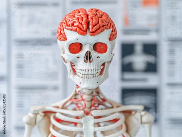 Fototapeta Human skeleton model with visible brain and muscles in medical setting showing detailed anatomy and structure clearly
