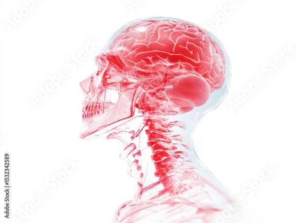 Fototapeta Transparent red human skull and brain anatomy with cervical spine visible side view, showing detailed nervous system structure