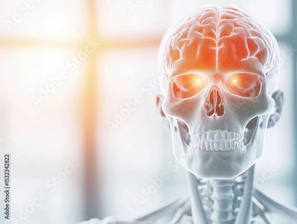 Fototapeta Transparent human skull with glowing brain and eyes, medical concept showing anatomy and neural activity in bright light