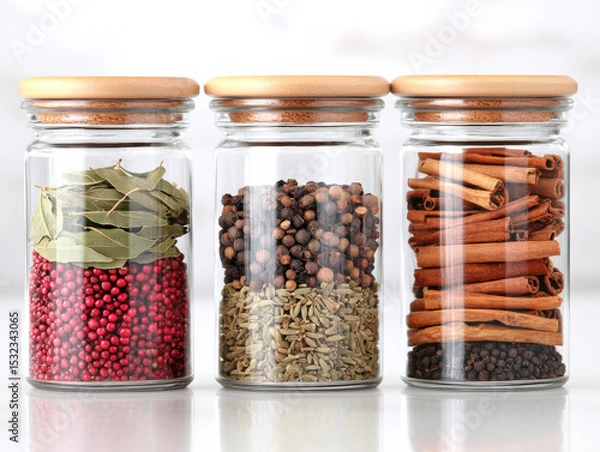 Fototapeta Three transparent jars filled with various spices including bay leaf, peppercorn, fennel seed, and cinnamon sticks