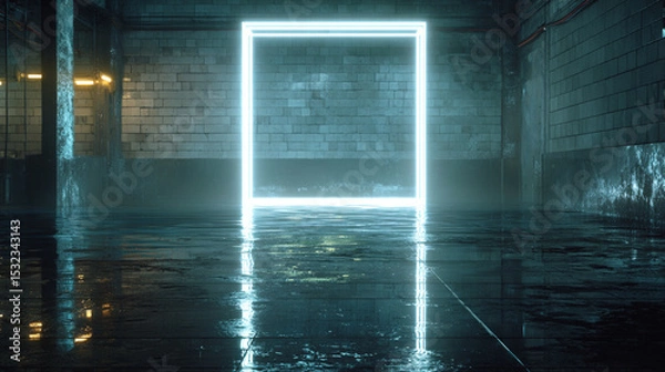 Fototapeta Glowing Neon Square Frame in Dark Urban Setting: Cyberpunk Background