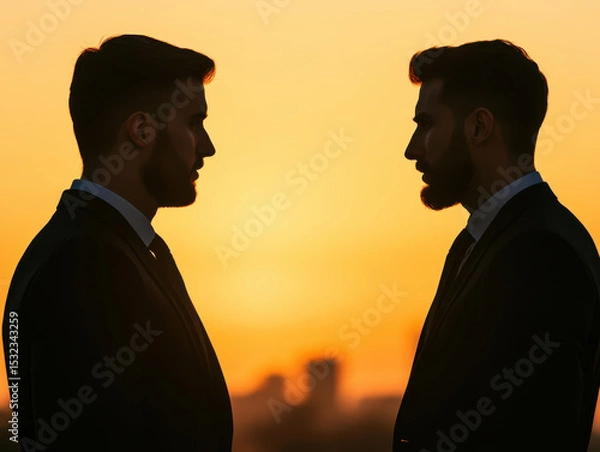 Fototapeta Two men in suit facing each other with serious expression during sunset, creating dramatic silhouette effect