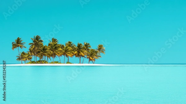 Fototapeta Tropical island with palm trees surrounded by clear blue water under bright sky creating peaceful scene