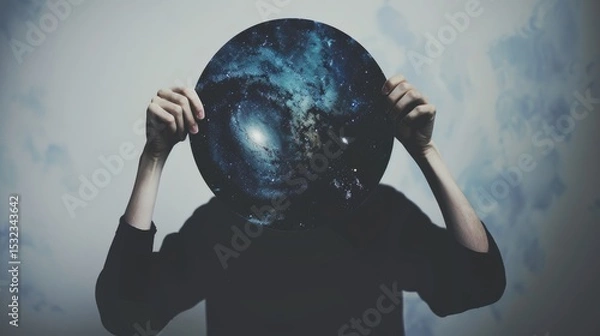 Obraz Person holding circular frame revealing galaxy and stars representing cosmic consciousness and universe connection