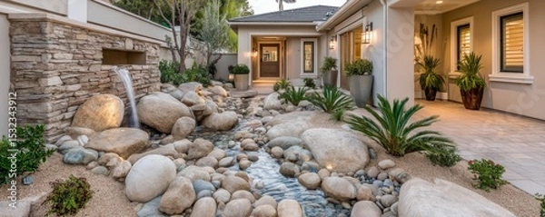Fototapeta Serene Oasis: Modern Home with Tranquil Water Feature