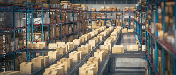 Fototapeta Cardboard boxes are moving on automated conveyor belt in distribution warehouse 3d